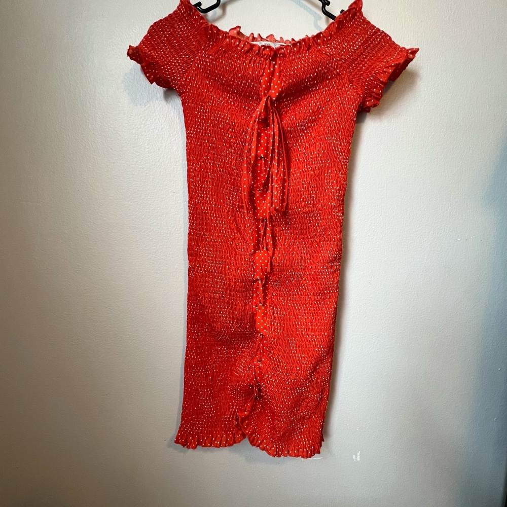 Shirred Orange Polka Dot Off-Shoulder Knit Bandage Mini Dress